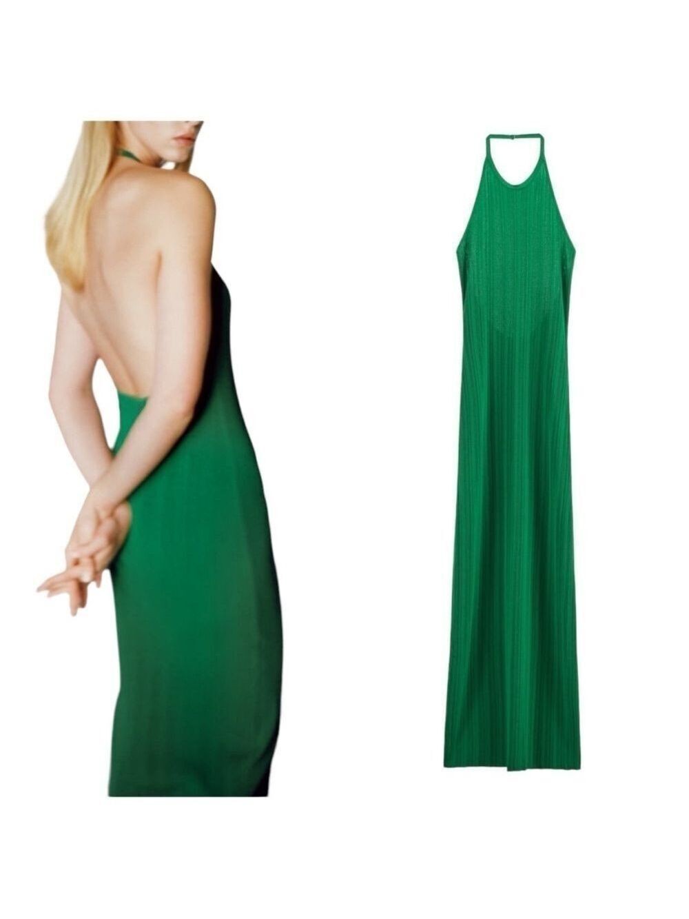 Zara Halter Neck Low-Cut Back Ribbed Knit Kelly Green Stretchy Maxi Dress